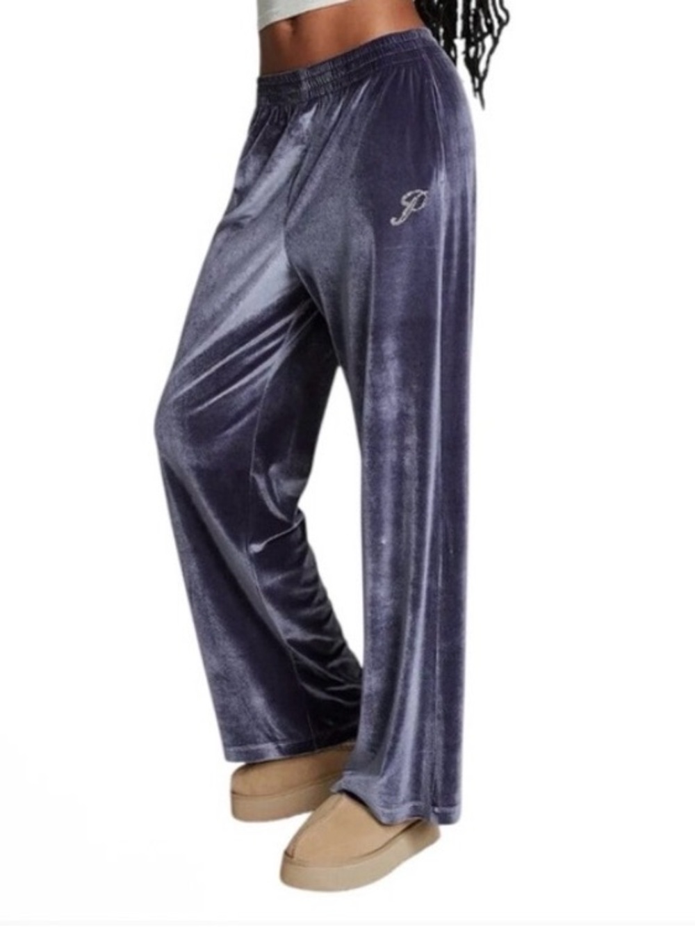 PINK Victoria’s Secret VELOUR SHINE LOGO WIDE LEG PANTS in Blue | XL | NWT